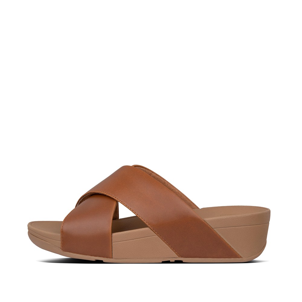 Fitflop Womens Slides Brown - Lulu Leather Cross - 41BZYGAMC